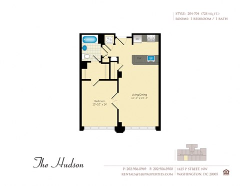 Floor plan for 1 bed, 1 bath, 728 sqft